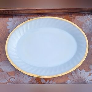 Fire King Milk Glass Swirl Gold Rim Platter Golden Anniversary Anchor Hocking